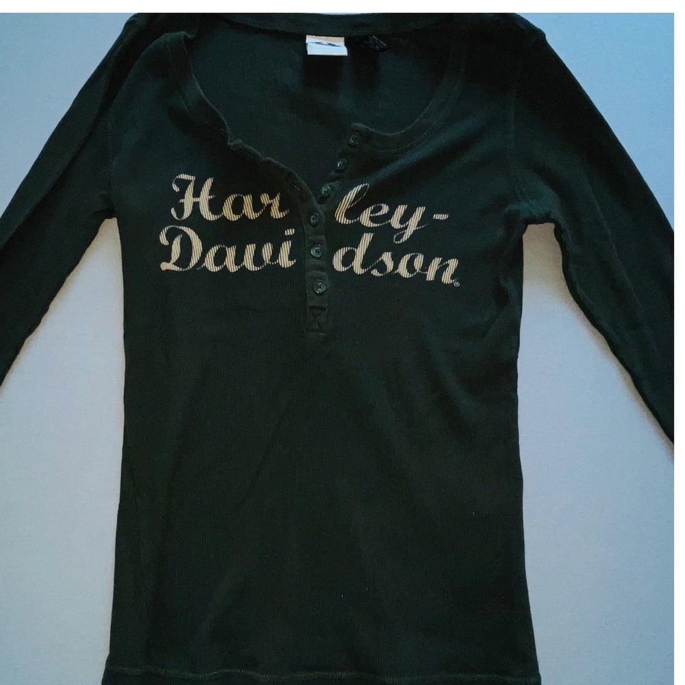 Harley-Davidson Womens Henley Long Sleeve Ribbed Graphic Top Dark Green Large